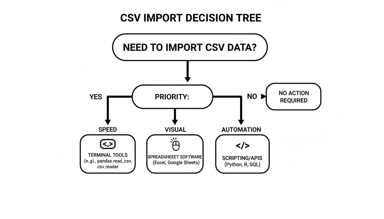 A decision tree diagram illustrating methods for importing CSV data based on speed, visual, or automation priorities.