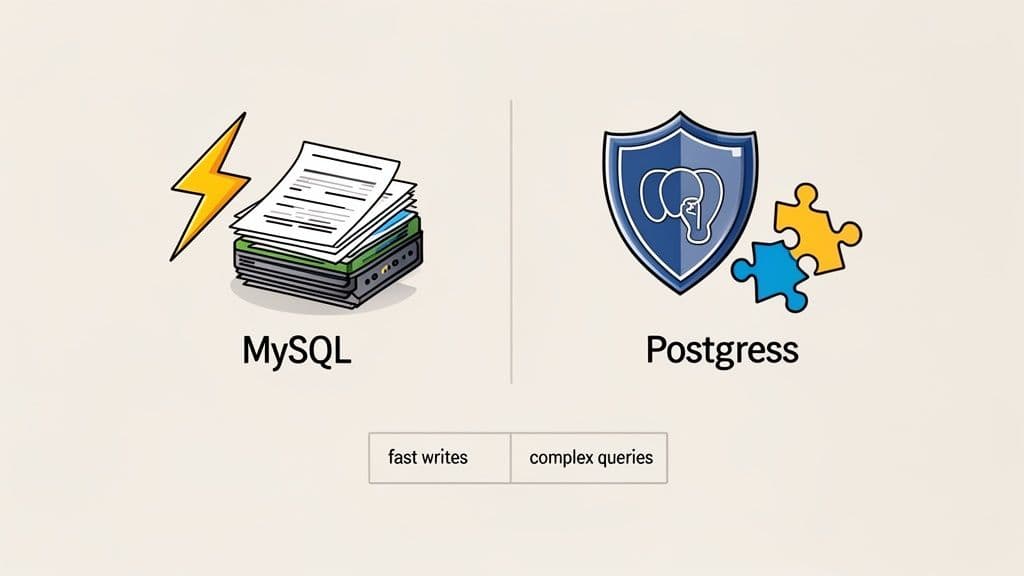 A comparison image showing MySQL with fast writes icon versus Postgres with complex queries icon.