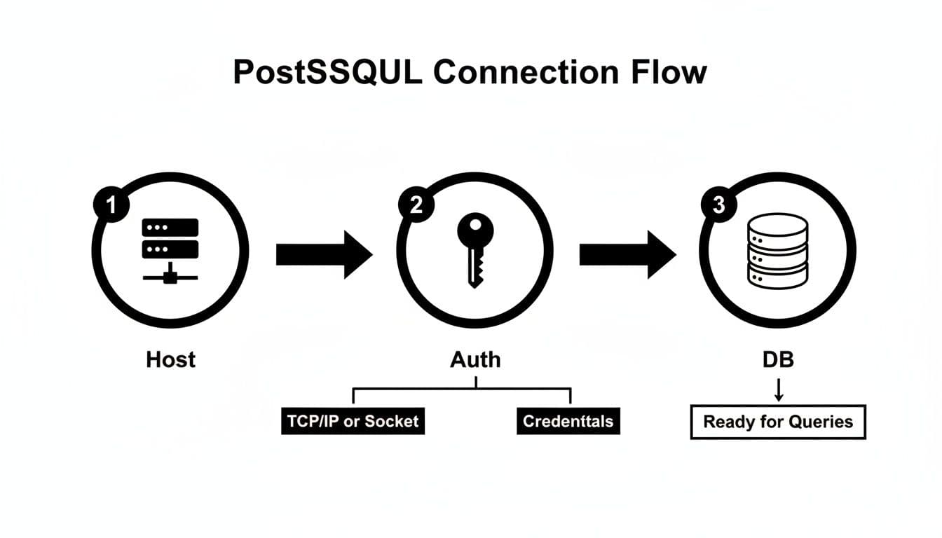 Diagram showing the PostgreSQL connection flow from a host server through authentication to the database.
