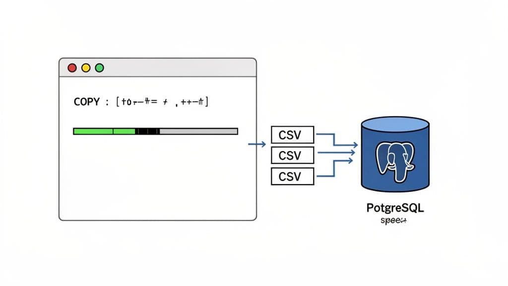 A diagram illustrates importing CSV files into a PostgreSQL database using a copy command.